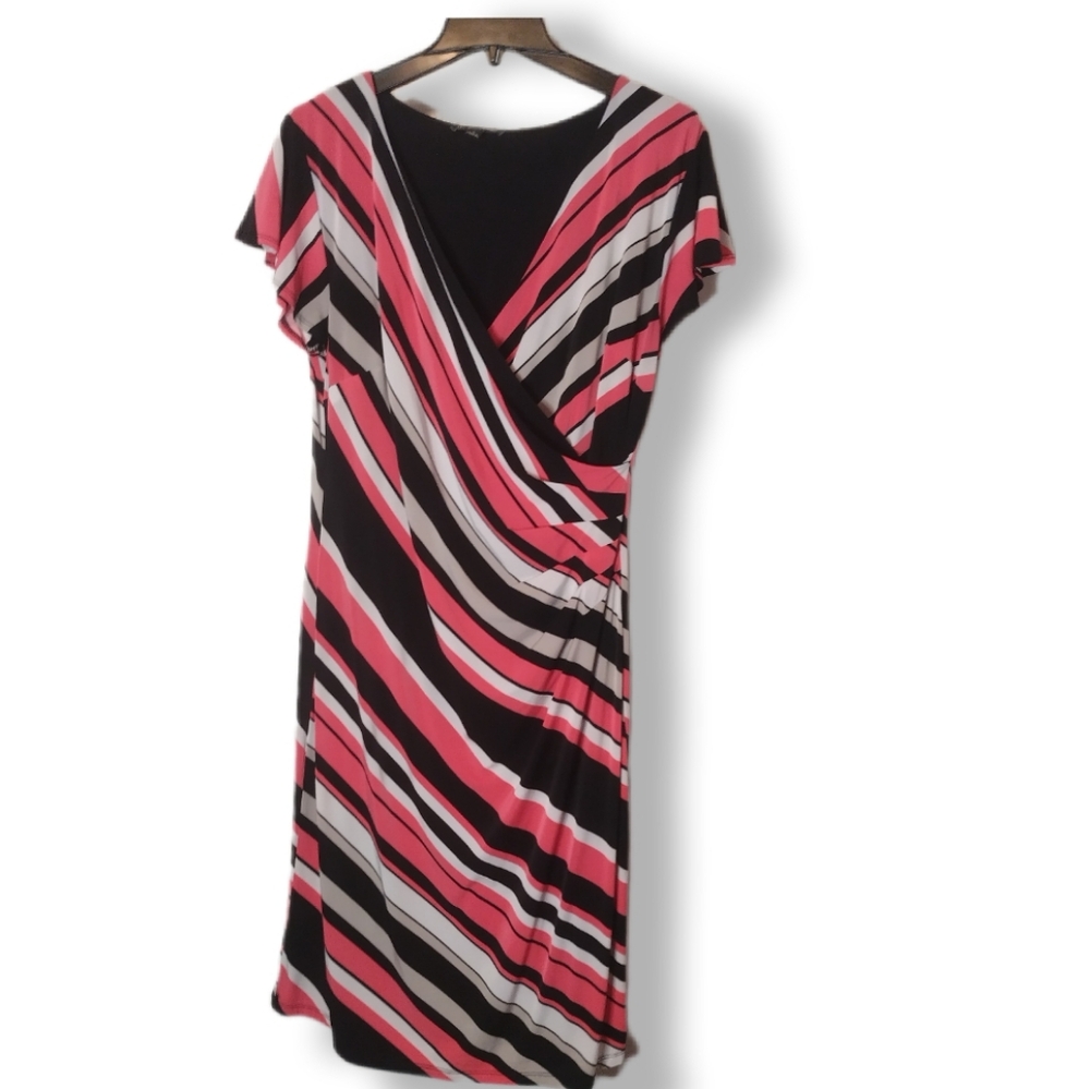 INC Pink, Black and White Striped Faux Wrap Dress size L